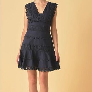 Nwt endless rose plunge neck lace & linen cotton dress navy blue small
